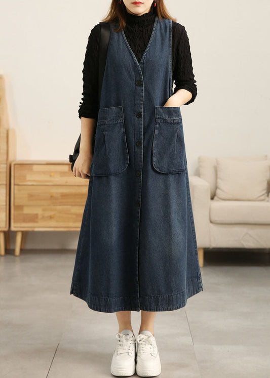 Denim Blue V Neck Patchwork Pockets Cotton a Line Dress Sleeveless
