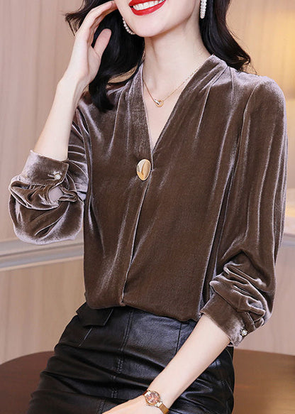 Coffee Patchwork Silk Velour Shirt Top V Neck Color Long Sleeve