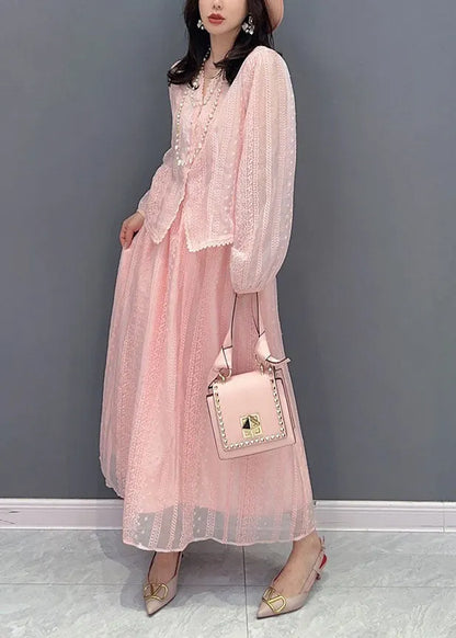 Italian Pink Embroideried Patchwork Tops and Skirts Chiffon Two Pieces Set Summer