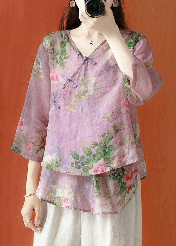 Purple Asymmetrical Print Cotton Blend Blouses Half Sleeve