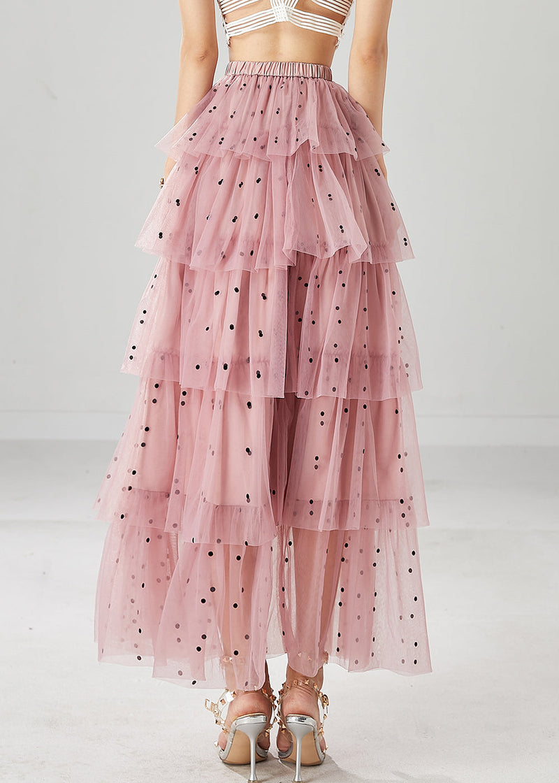 Stylish Pink Dot Print Layered Tulle a Line Skirts Fall