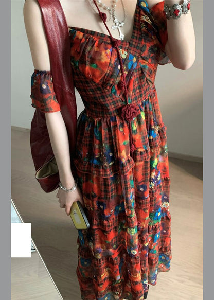 Red V Neck Print Holiday Long Dresses Summer