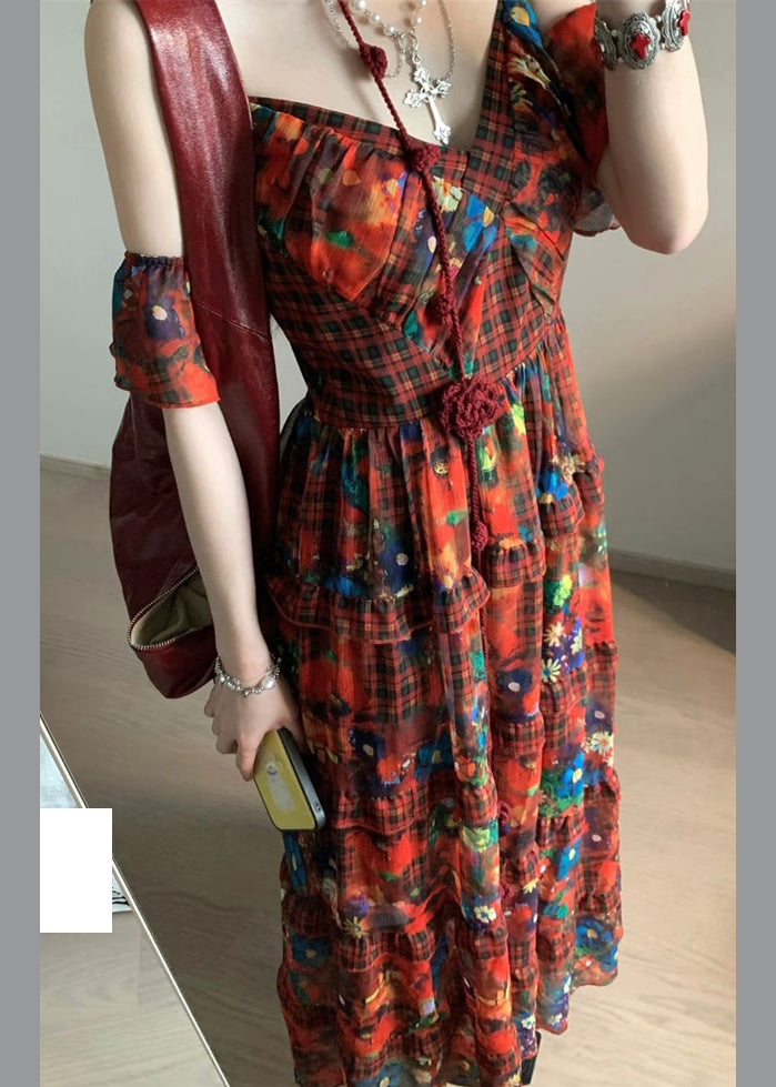 Red V Neck Print Holiday Long Dresses Summer
