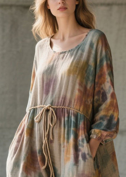 Khaki Cinched Tie Dye Cotton Long Dress Fall