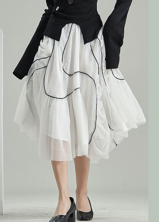 Organic White Wrinkled Asymmetrical Design Tulle Skirts Spring