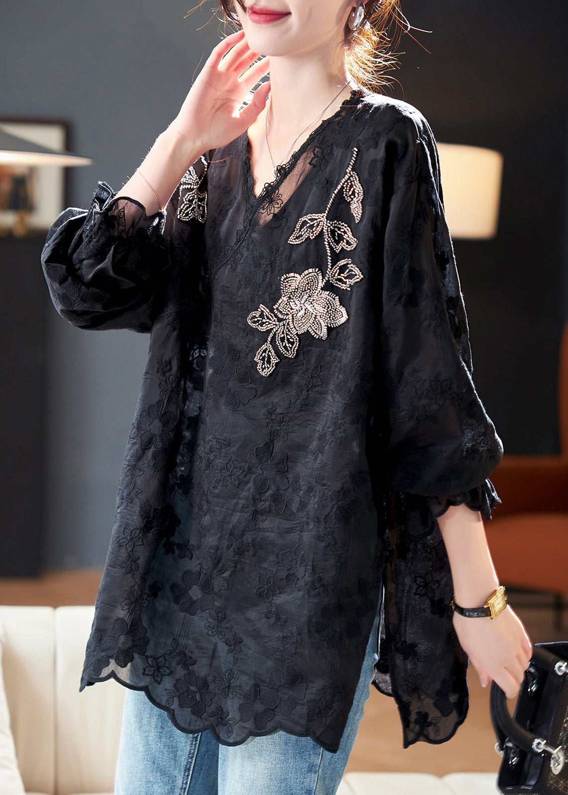 Stylish Black V Neck Embroidered Cotton Top Fall