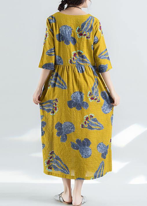 100% Yellow Prints Linen Dress Catwalk High Waist Summer Dresses