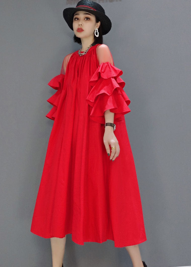 Modern Red Wrinkled Tulle Patchwork a Line Skirts Butterfly Sleeve