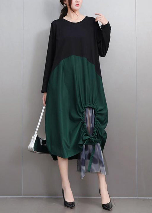 Green Hollow Out Tie Waist Long Dress Long Sleeve
