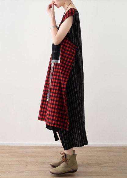 Art Red Plaid Cotton Linen Asymmetrical Design Patchwork Party Dresses