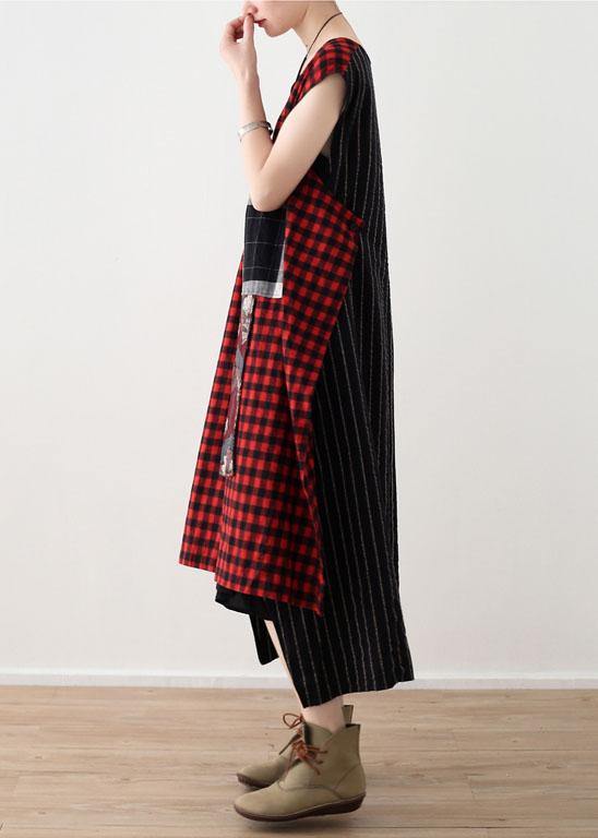 Art Red Plaid Cotton Linen Asymmetrical Design Patchwork Party Dresses