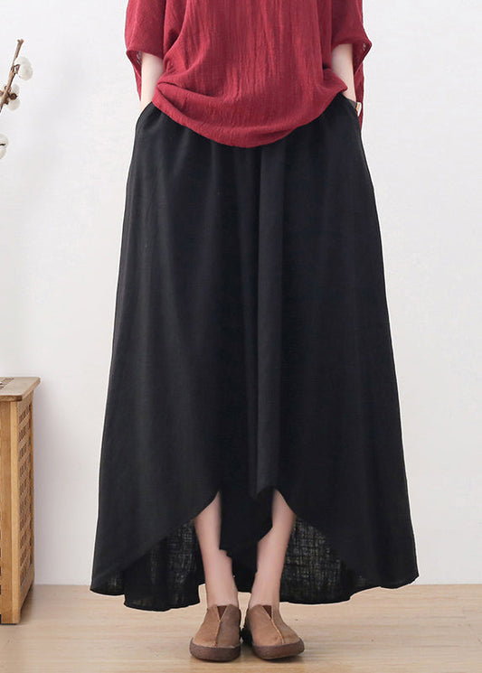 Black Elastic Waist Pockets Linen Wide Leg Pants Skirt Fall