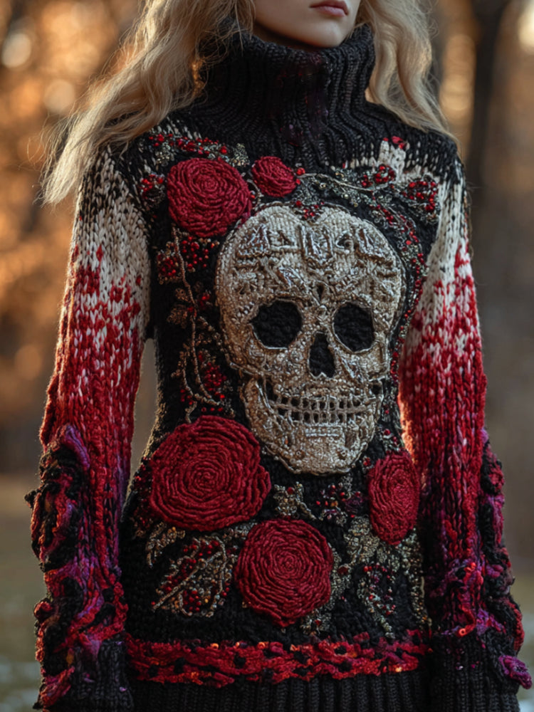 Comstylish Vintage Skeleton Flower Coarse Needle High Neck Sweater
