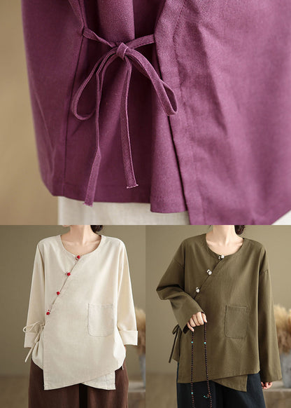 Beige O Neck Lace Up Patchwork Cotton Blouse Top Spring