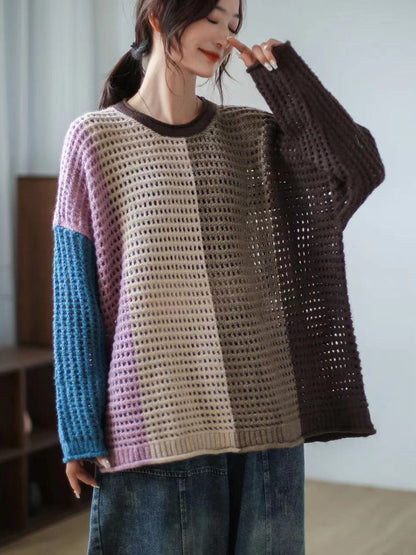 Plaid Hollow Out Long Sleeve Pullover Sweater
