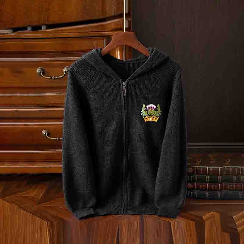 Vintage Scottish Thistle Embroidery Cozy Zipper Hooded Sweater artswardrobe