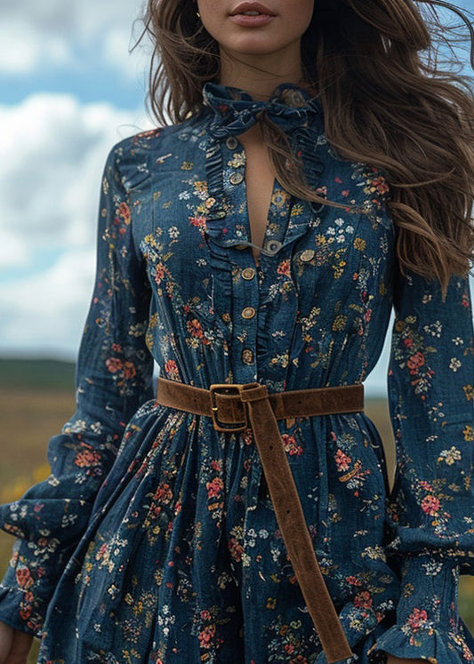 Blue Ruffled Print Cotton Short Dresses Long Sleeve