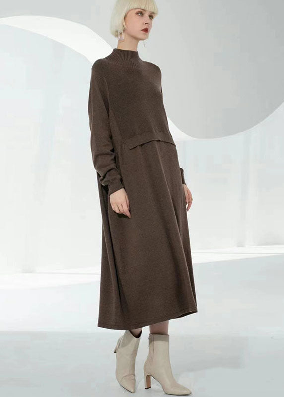 Coffee Turtle Neck Patchwork Wool Knit Sweater Dress Long Sleeve