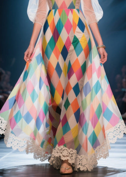 Multicolour Plaid Chiffon Party Dress Cold Shoulder Puff Sleeve