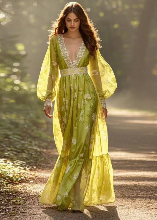 V Neck Print Lace Patchwork Silk Holiday Dress Spring