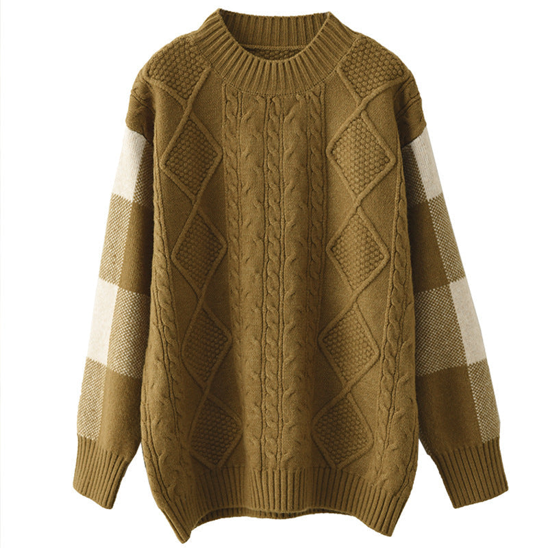 Retro Thick Jacquard Knit Color Block Three-dimensional Sweater