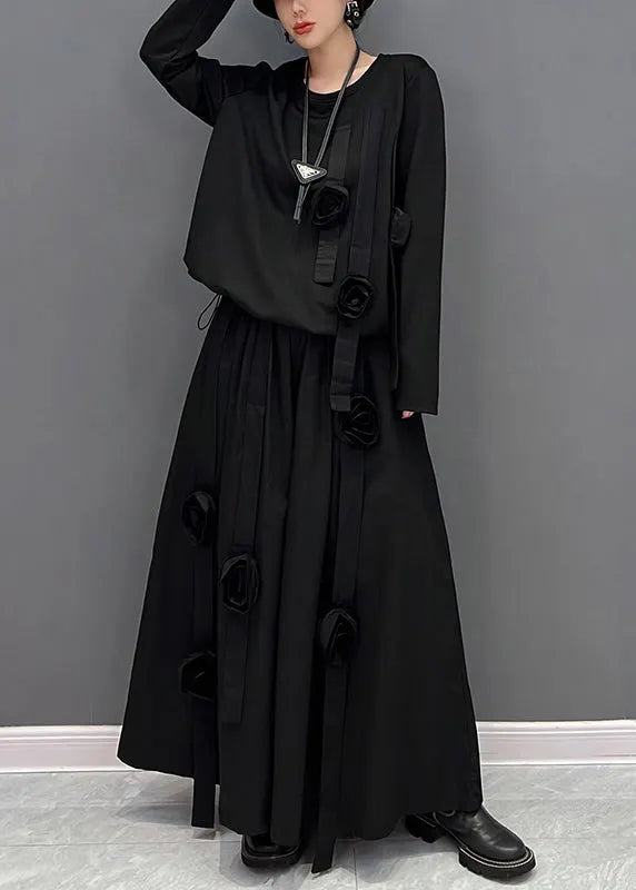 Loose Black O-neck Top and Maxi Skirts Two Pieces Set Fall