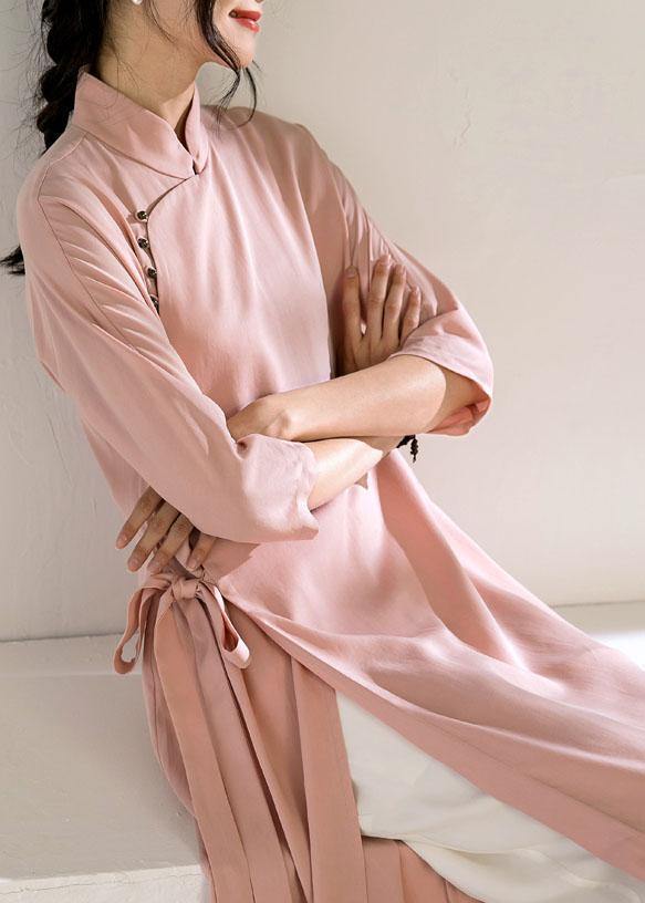 Pink Long Shirts Stand Collar Tie Waist Robe Summer Dresses