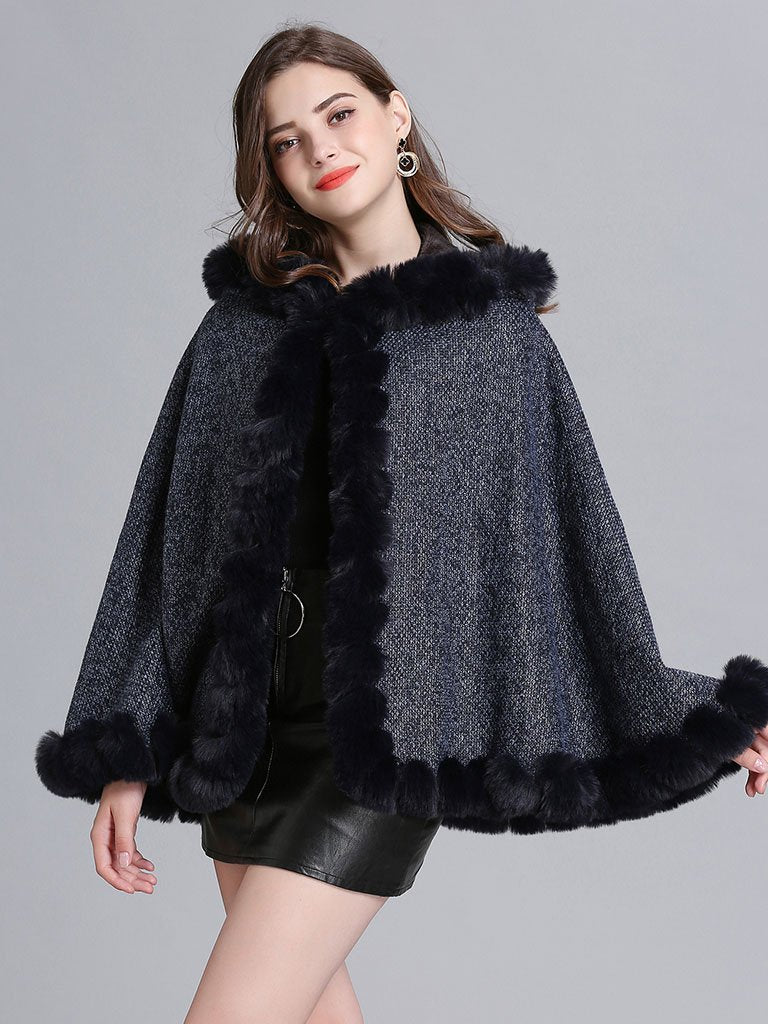 Hooded Winter Coat Faux Fur Long Sleeve Open Front Luxurious Cape Coat for