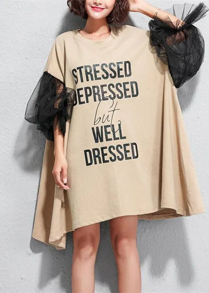 New Lace Patchwork Midi-length Cotton Dress Clothing Traveling Dress Short Sleeve Alphabet Cotton Dress
