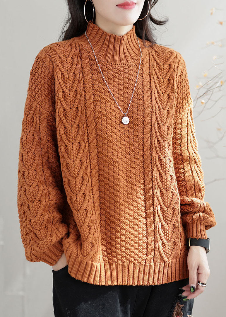Orange High Neck Chunky Oversized Cable Knit Sweater Winter