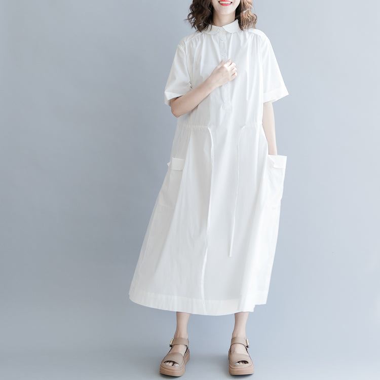 Baggy White Cotton Blended Dress Oversize Dress Short Sleeve Pockets Turn-down Collar Baggy Dresses Cotton Blended Clothing Dresses