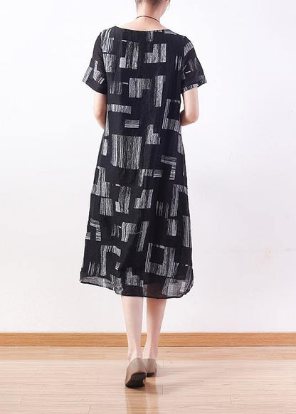 Black Linen Clothes Tie Waist Long Summer Prints Dresses