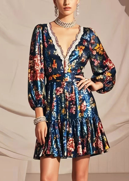 Art Peacock Blue V Neck Print Silk Mini Dress Bracelet Sleeve