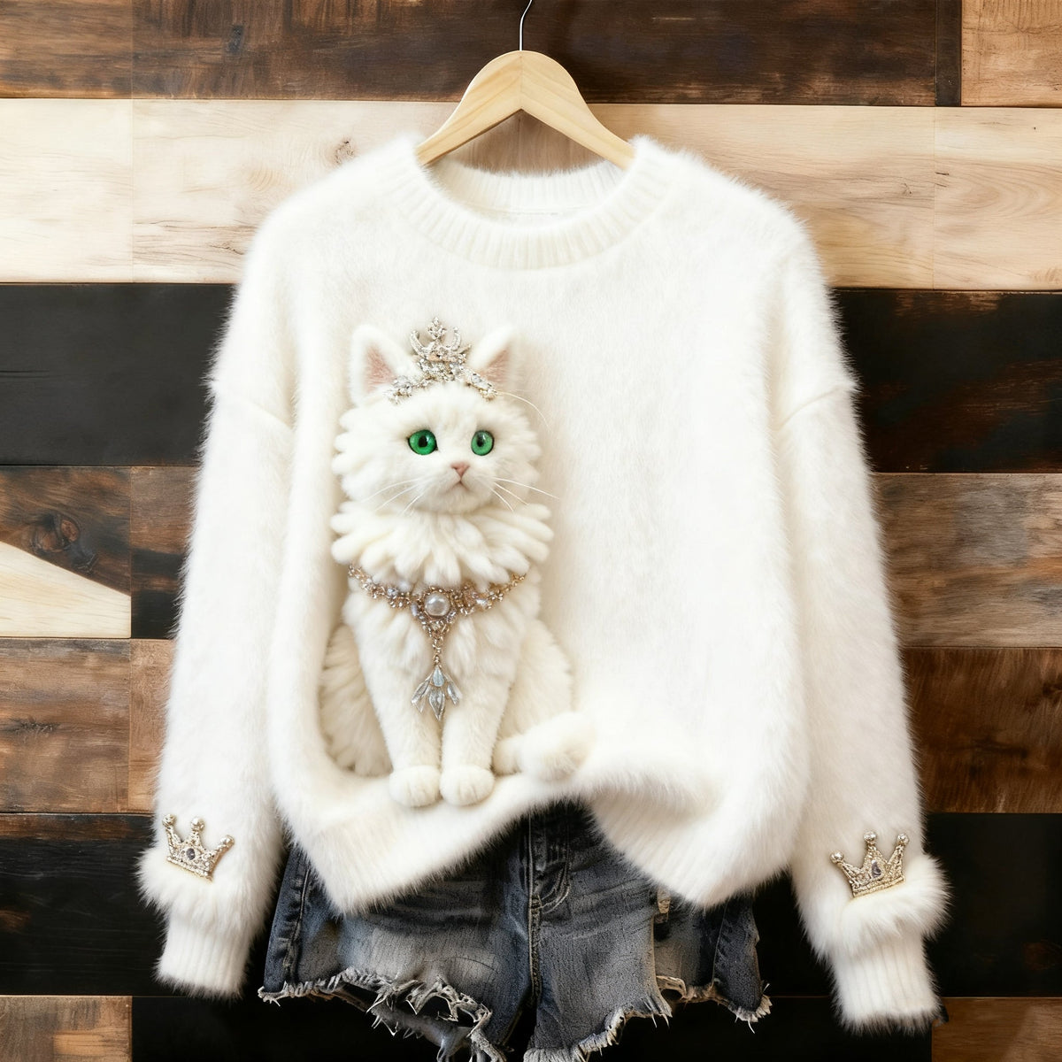 Comstylish Cute Fluffy Cat Pattern Thick Pullover Sweater