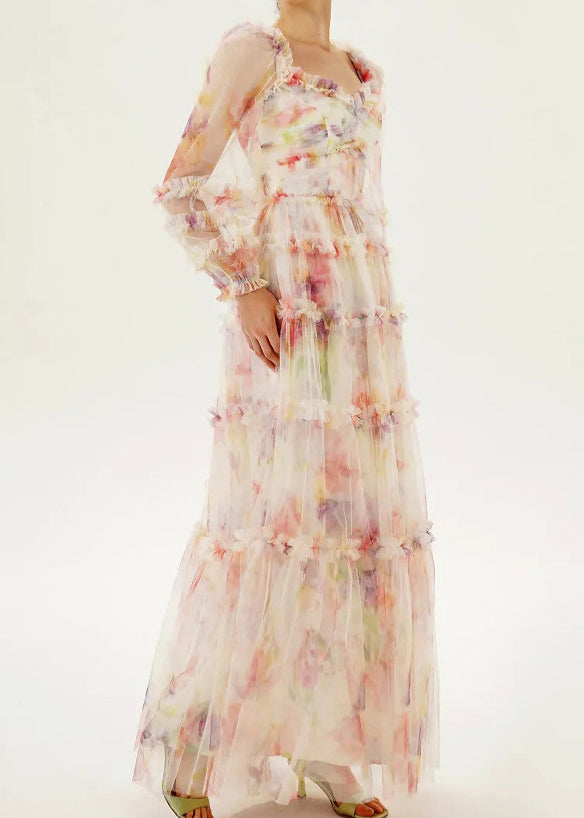 U Neck Ruffled Patchwork Tulle Long Dress Summer