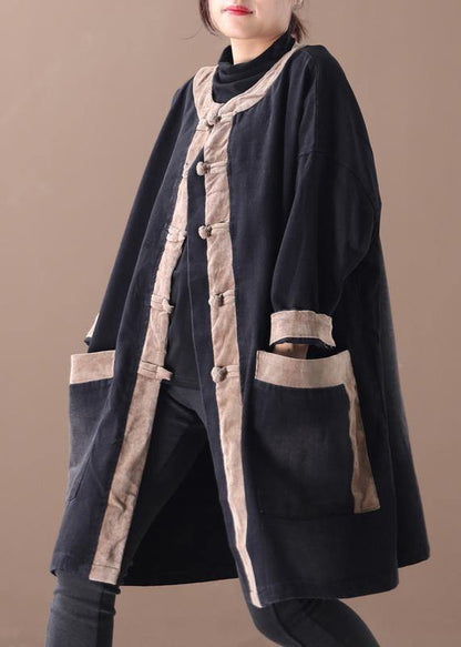 Hooded Chinese Button Clothes Denim Black Patchwork Khaki Clothing Coats