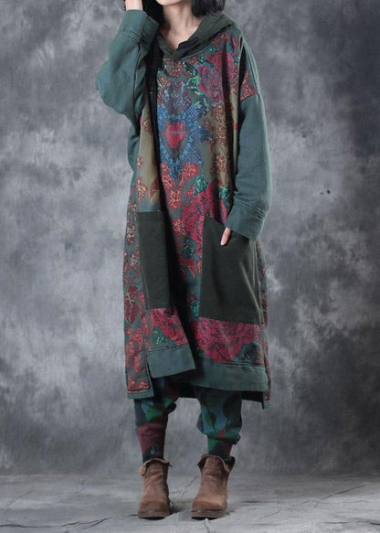 Modern Green Print Cotton Clothes Hooded Drawstring Art Dress