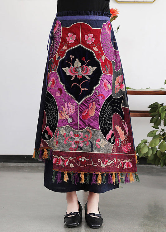 Embroideried Tassel Drawstring Tie Waist Elastic Waist Skirt Summer