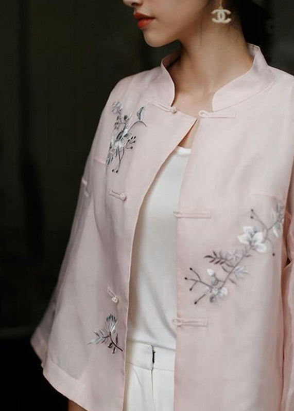 Pink Stand Collar Embroidered Button Top Long Sleeve