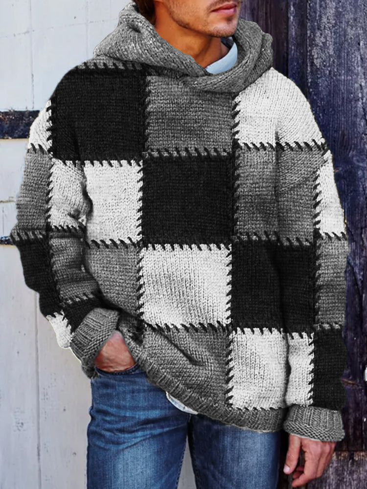 Men's Retro Colorblock Patchwork Stitched Cozy Hooded Sweater artswardrobe