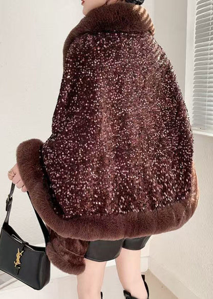 Coffee V Neck Sequins Patchwork Warm Fleece Coat Batwing Sleeve