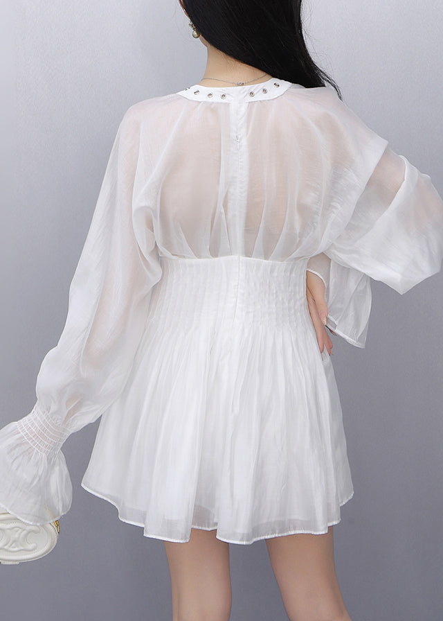 White Wrinkled Tie Waist Chiffon Shirt Fall