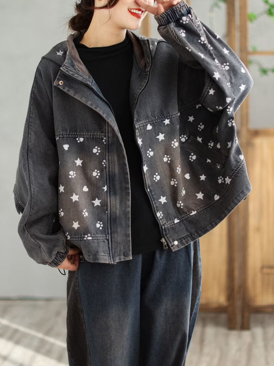 Spring Spliced Denim Hooded Coat