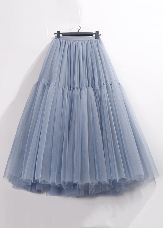 Loose Blue High Waist Tulle Pleated Skirt