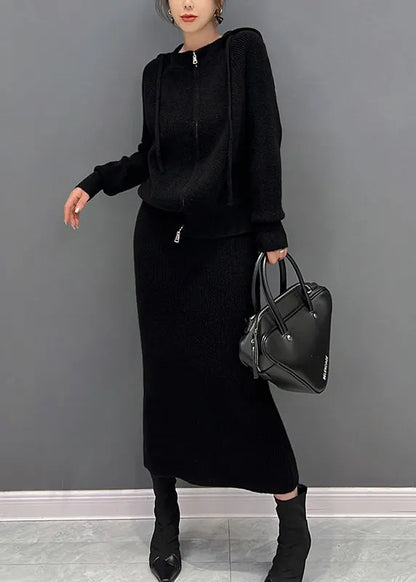 Black Drawstring Hooded Knit Sweaters and Maxi Skirts Two Piece Set Winter