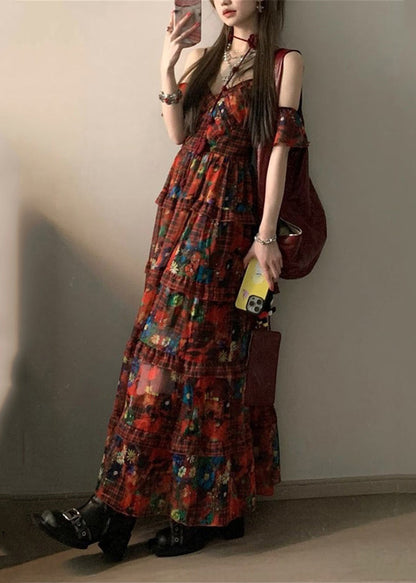 Red V Neck Print Holiday Long Dresses Summer
