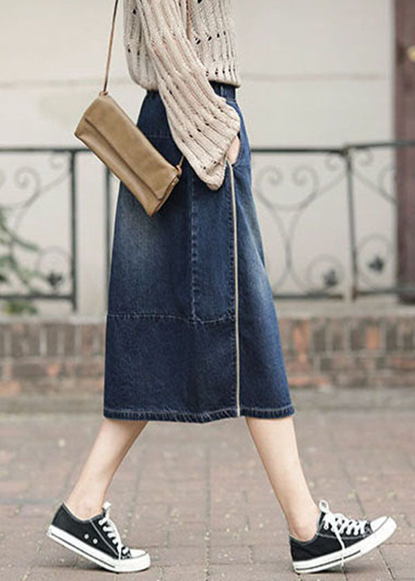 Denim Blue High Waist Pockets Patchwork Side Open Cotton Skirts Cozy