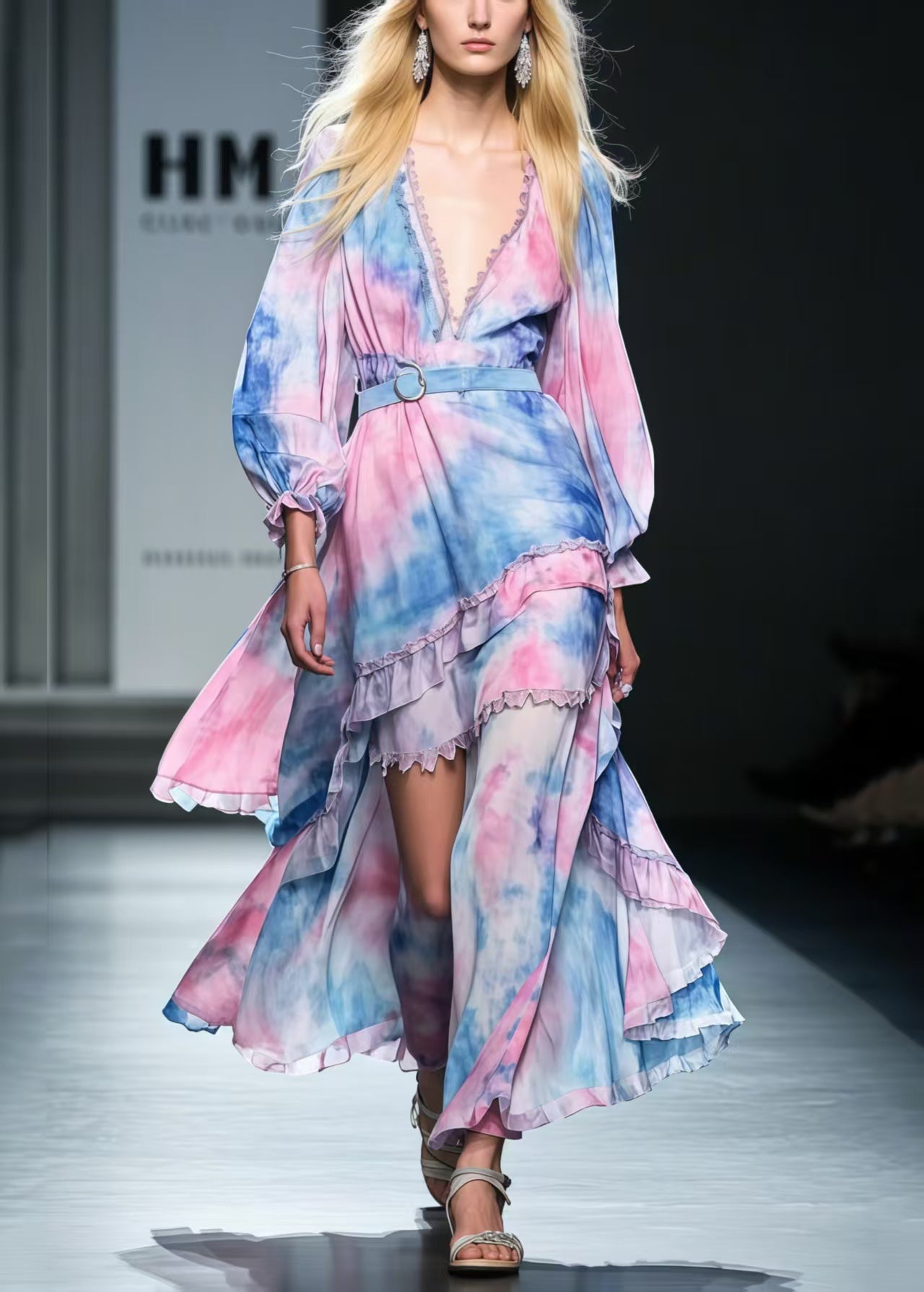 Rainbow Asymmetrical Tie Dye Chiffon Tunic Dress Spring