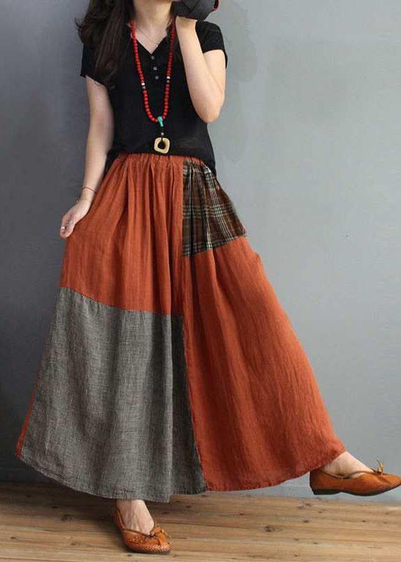 Orange Polka Dots Patchwork Elastic Waist Swing Skirt With Pocket