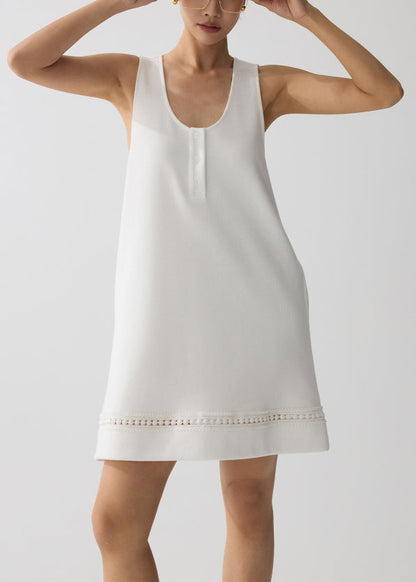 White U Neck Hollow Out Cotton Mini Dress Summer